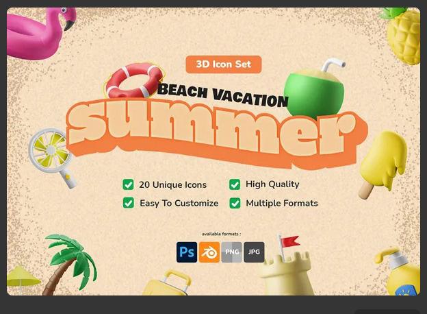 3D Icon Set - Summer Theme Beach Vacation