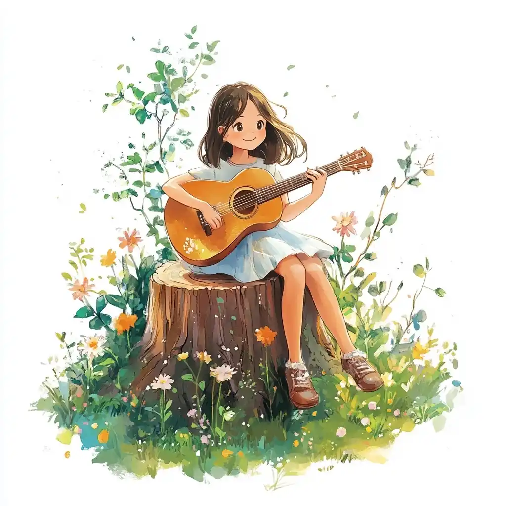 Miyazaki Girl with Guitar Midjourney提示词