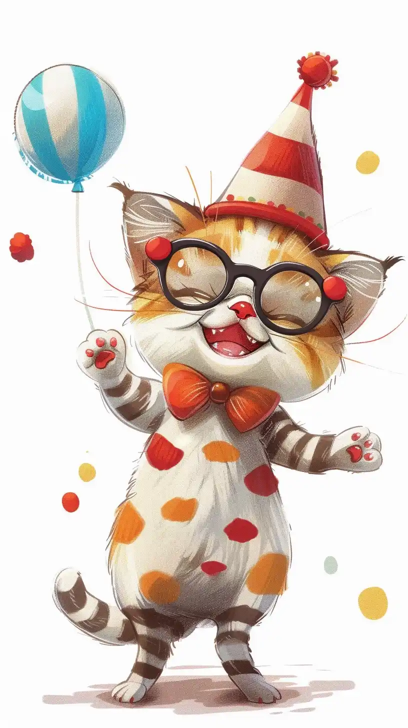 Cartoon Kitten in Clown Hat Midjourney提示词