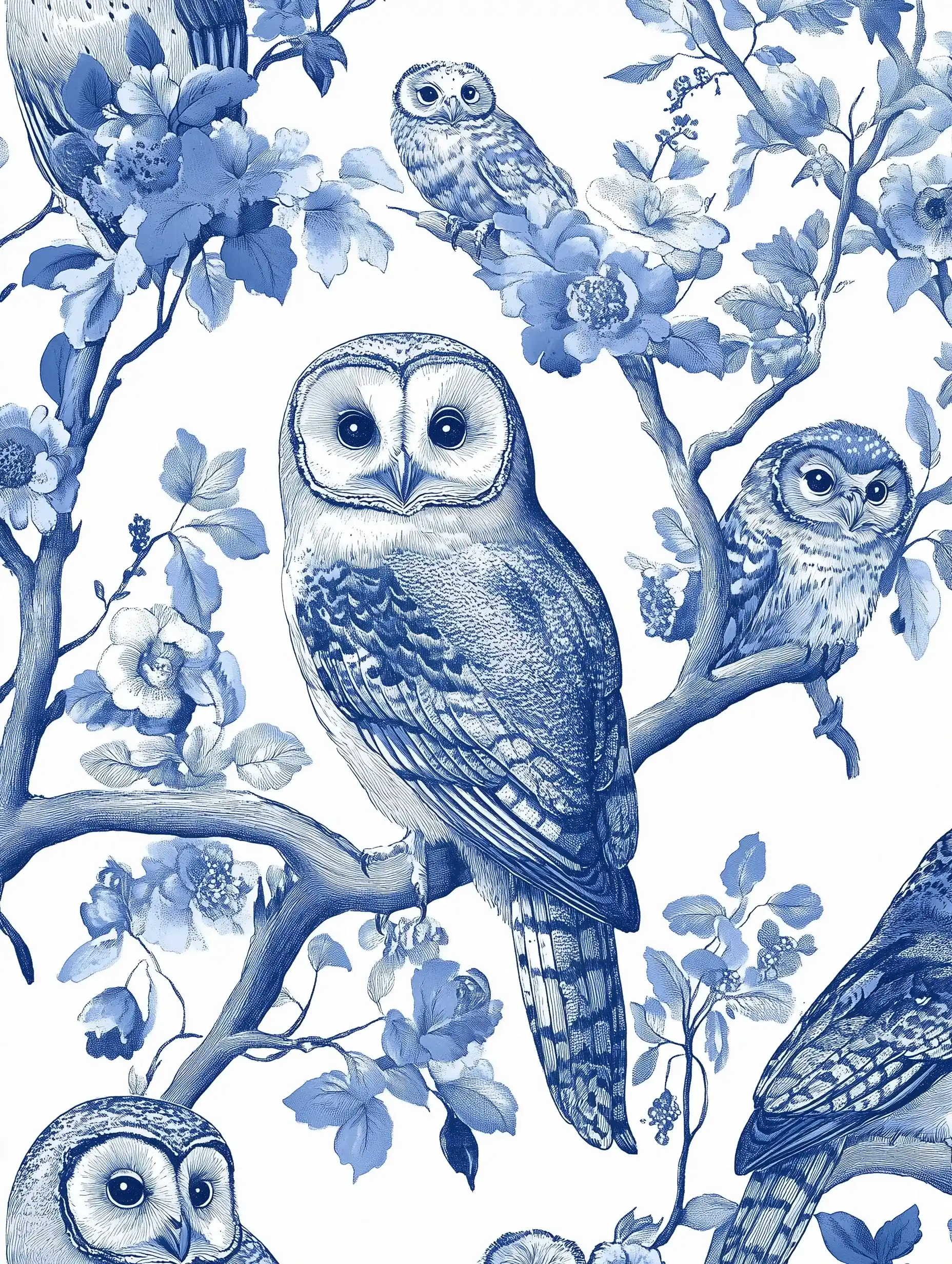 Toile Floral Owl Pattern Midjourney提示词