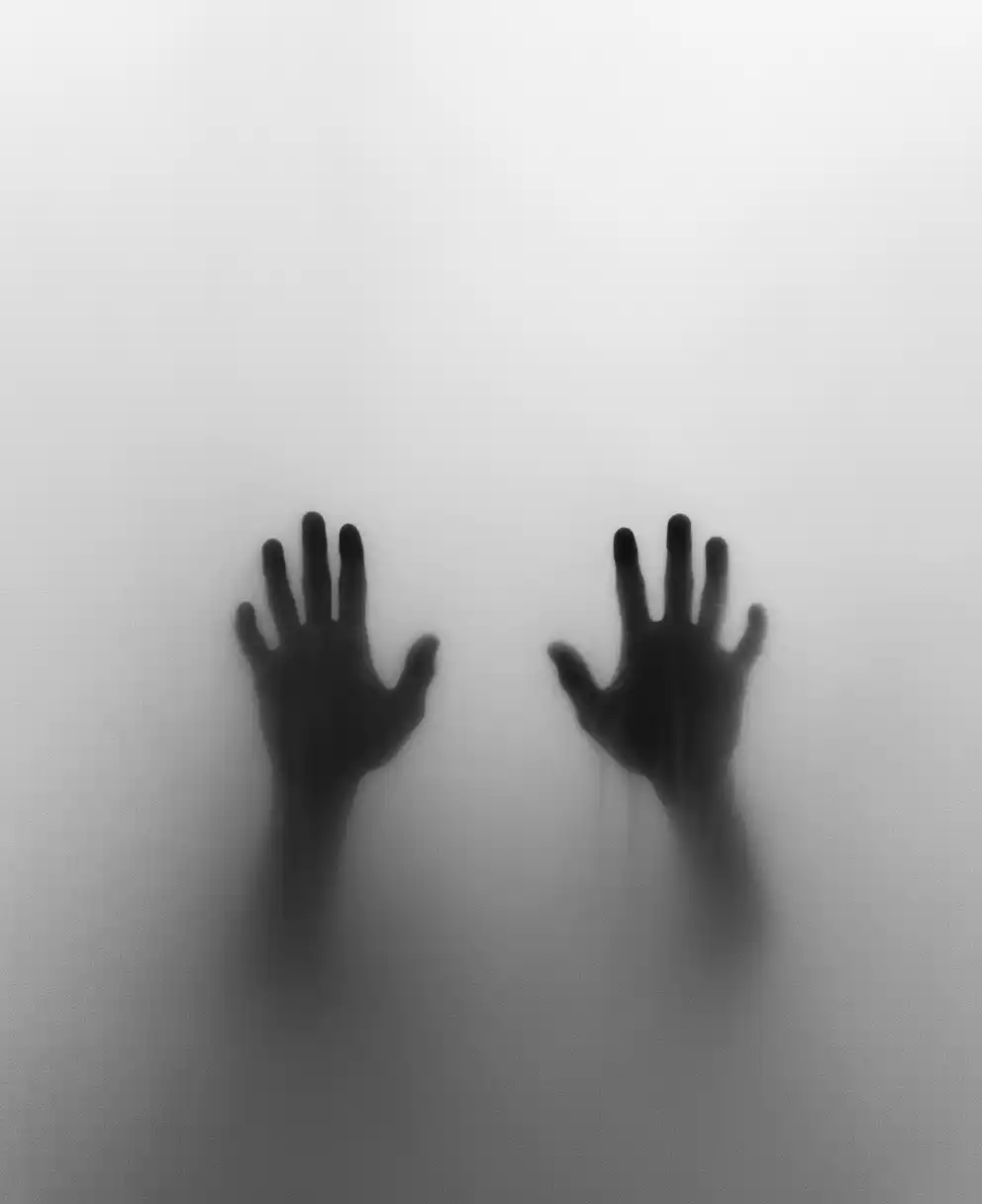 Eerie Hands Behind Glass Midjourney提示词