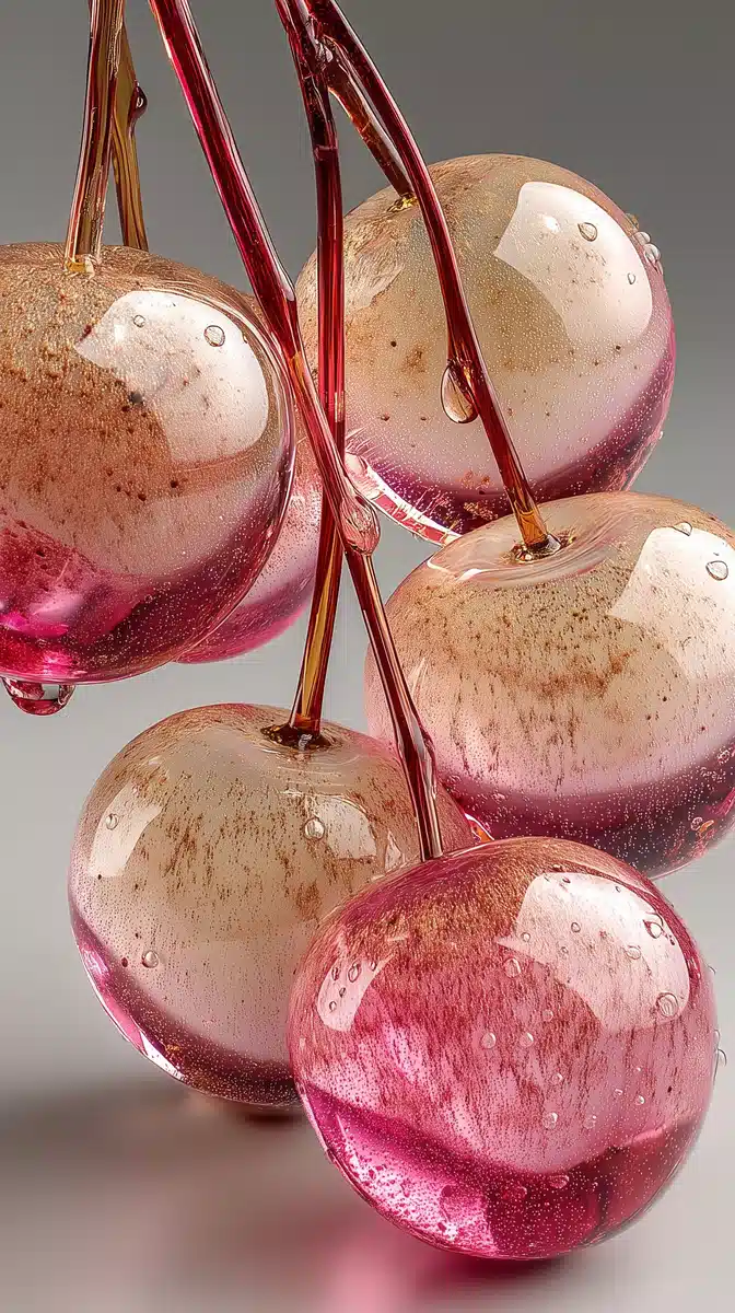 Photorealistic Glass Peaches Cluster Midjourney提示词
