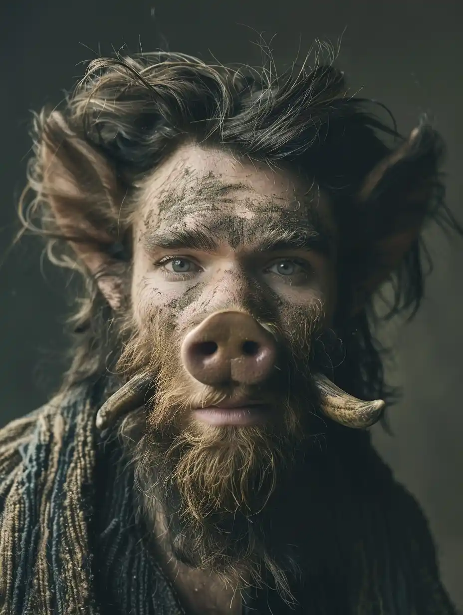 Hybrid Man-Boar Portrait Midjourney提示词
