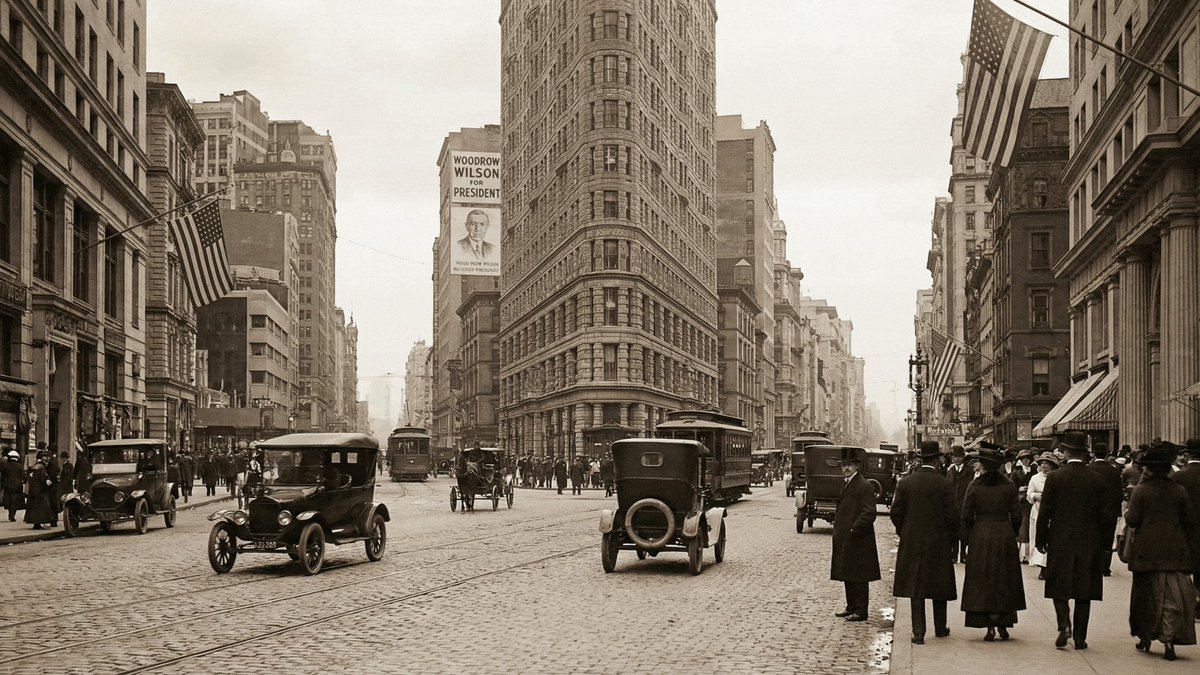 Historic NYC Flatiron Building & 1910s Cars - Woodrow Wilson Nano Banana提示词