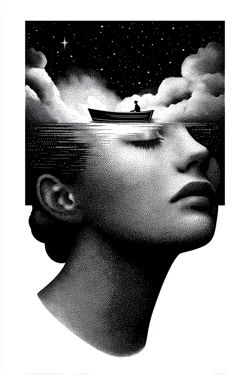 Surreal Ink Dreamscape Face Midjourney提示词