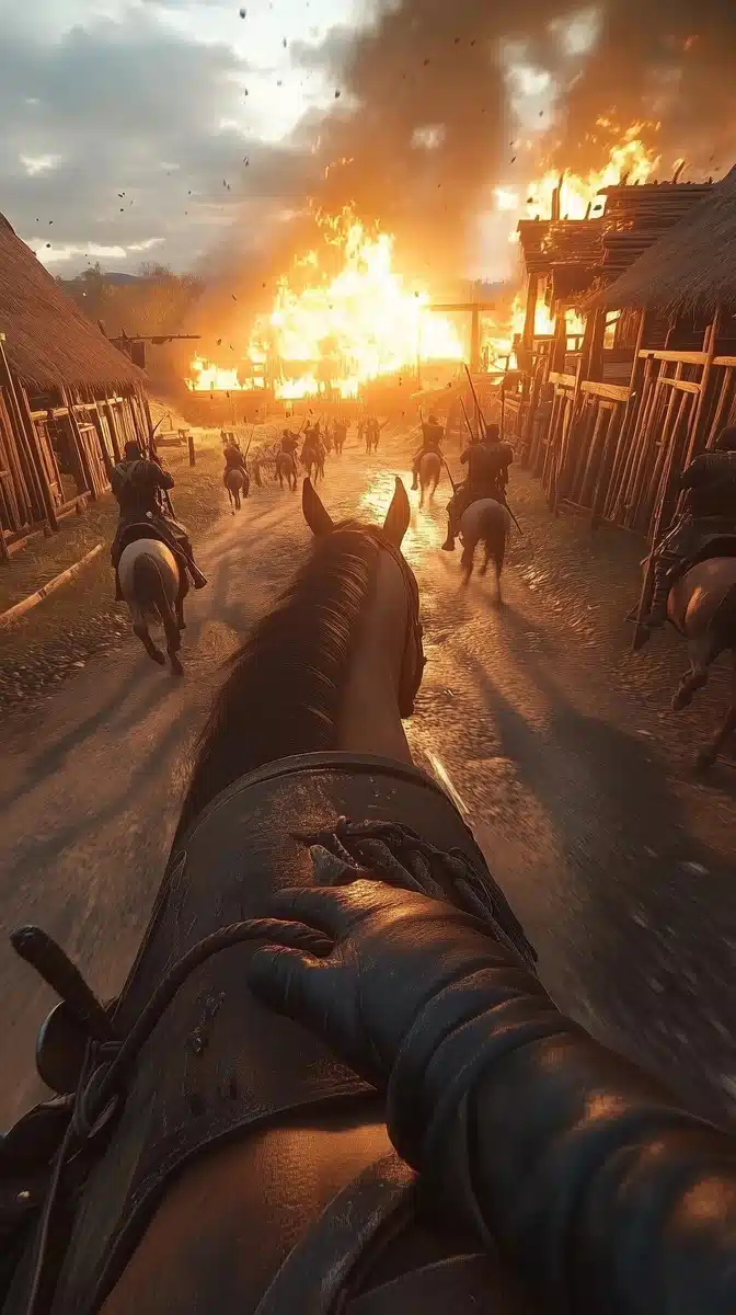 POV Mongol Charge in Flames Midjourney提示词