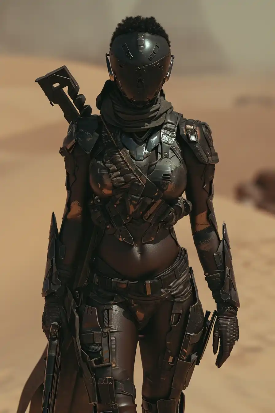 Scorpion Huntress in Post-Apocalyptic Desert Midjourney提示词