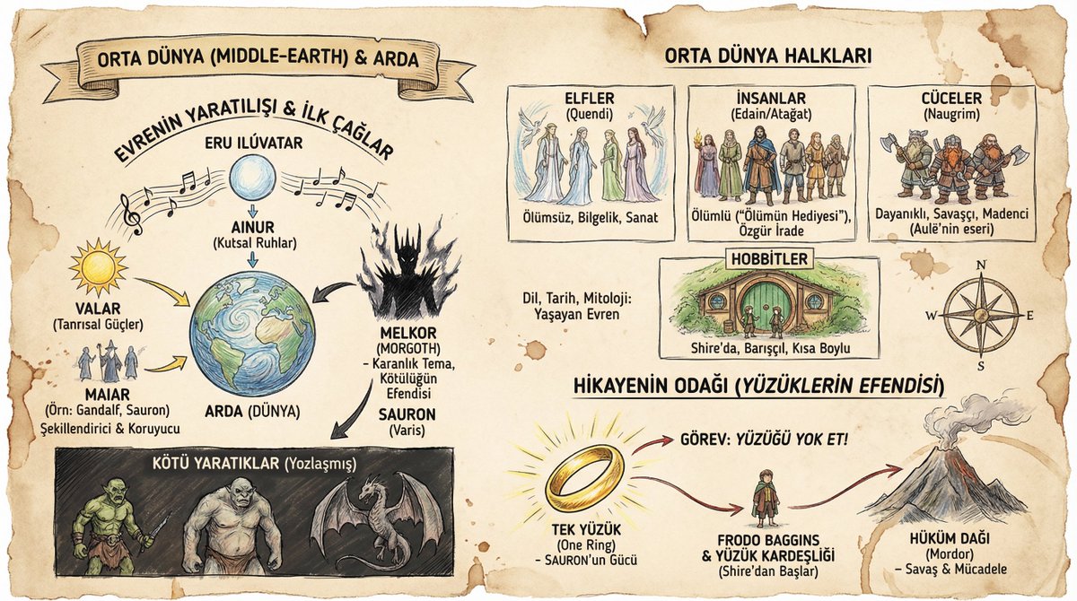 Tolkien's Middle-earth Lore & Characters Infographic Nano Banana提示词