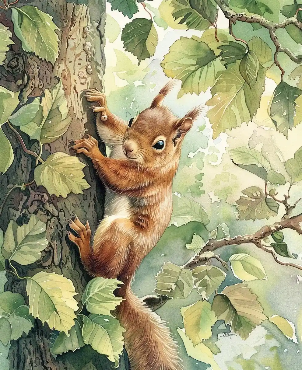 Watercolor Squirrel in Tree Midjourney 提示词生成效果