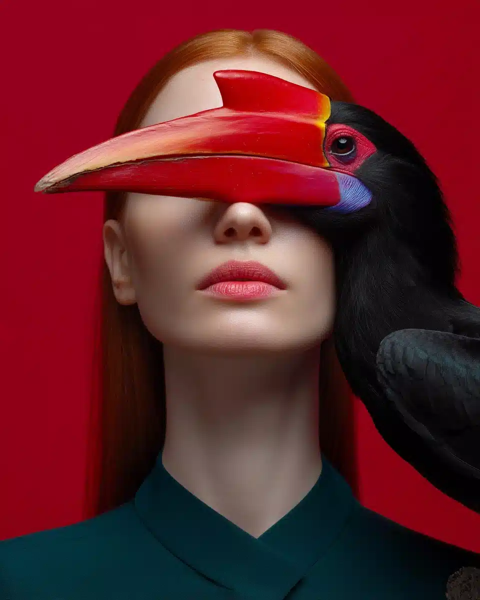 Surreal Portrait with Hornbill Midjourney提示词