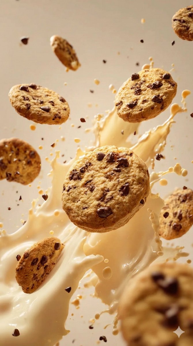 Dynamic Chocolate Chip Cookies & Milk Splash Food Photo Nano Banana提示词