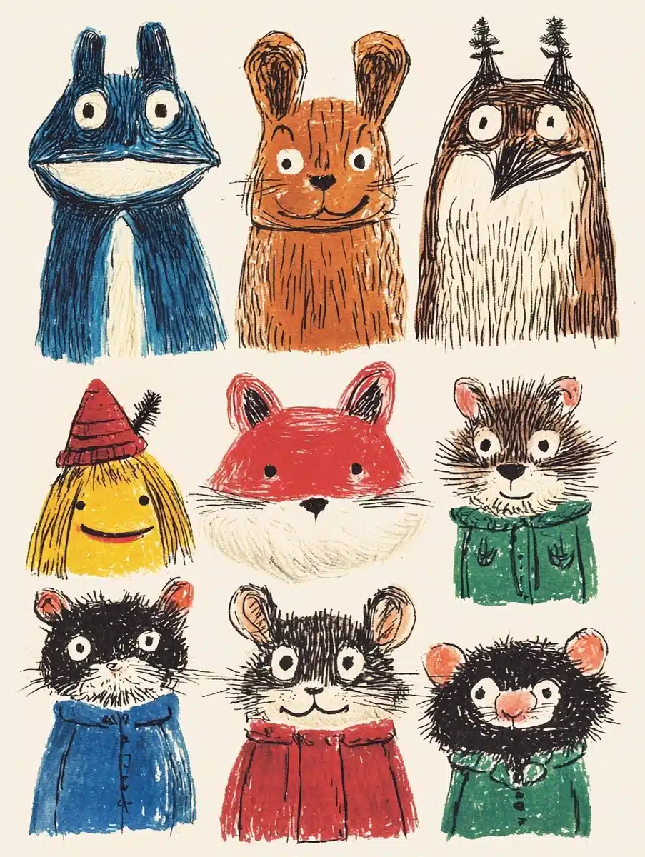 Cute Animals Lineup Illustration Midjourney提示词