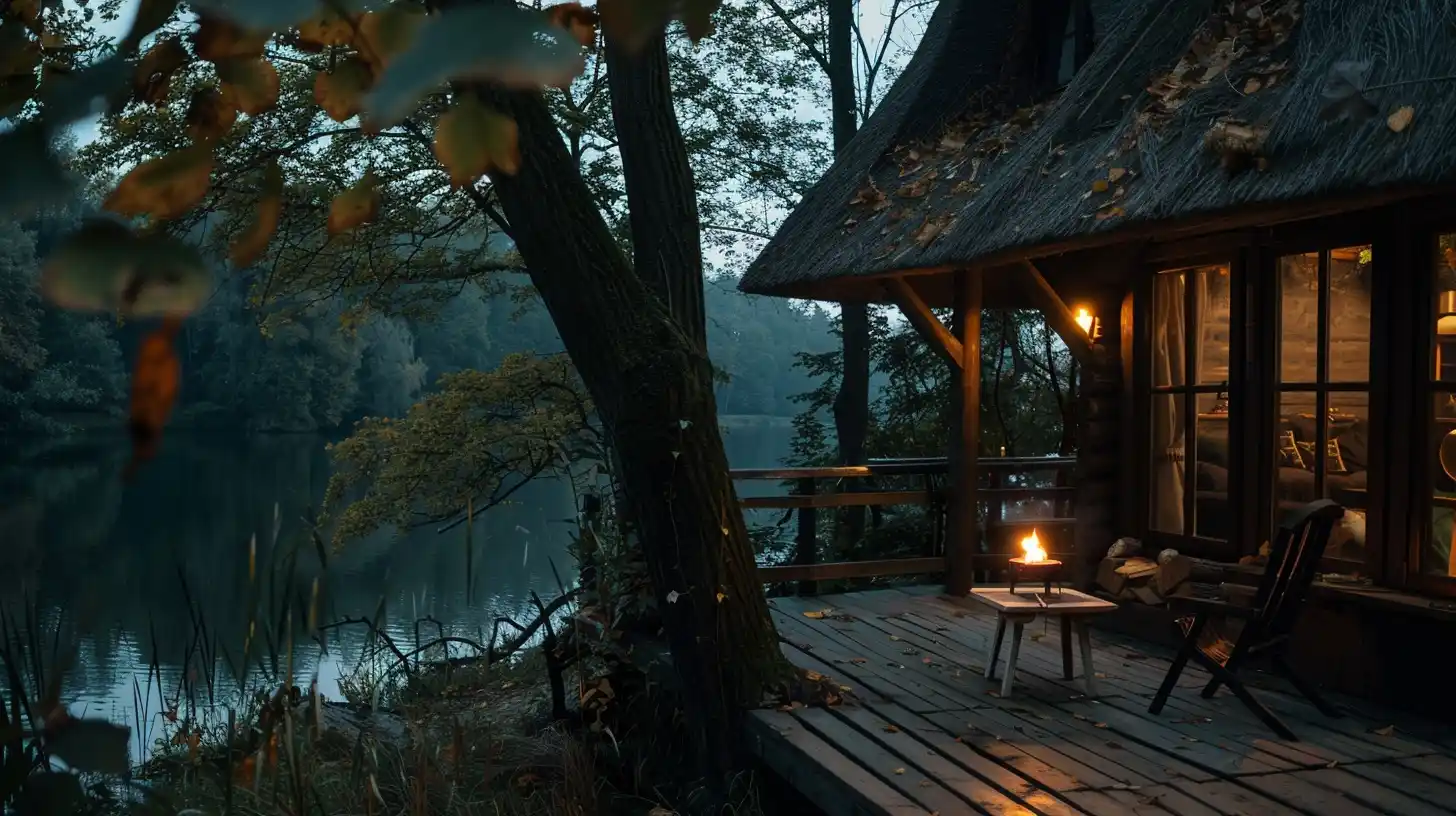 Forest Cabin with Lake View Midjourney提示词