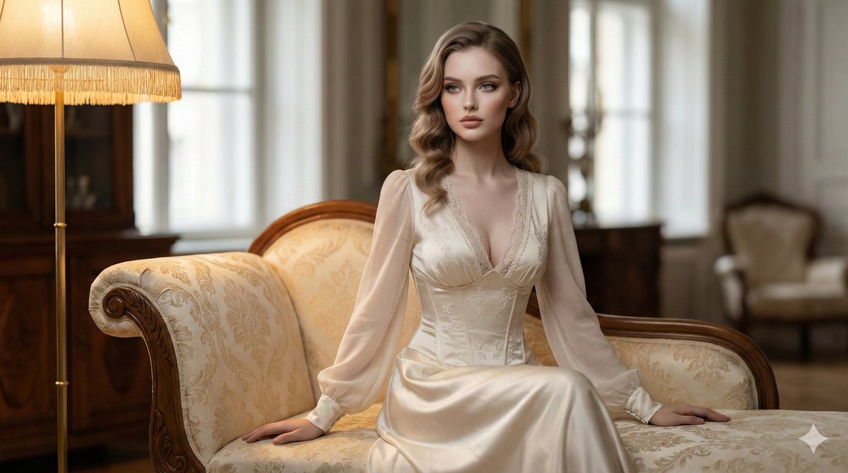 Elegant Woman in Silk Dress - Vintage Photorealistic Portrait Nano Banana提示词