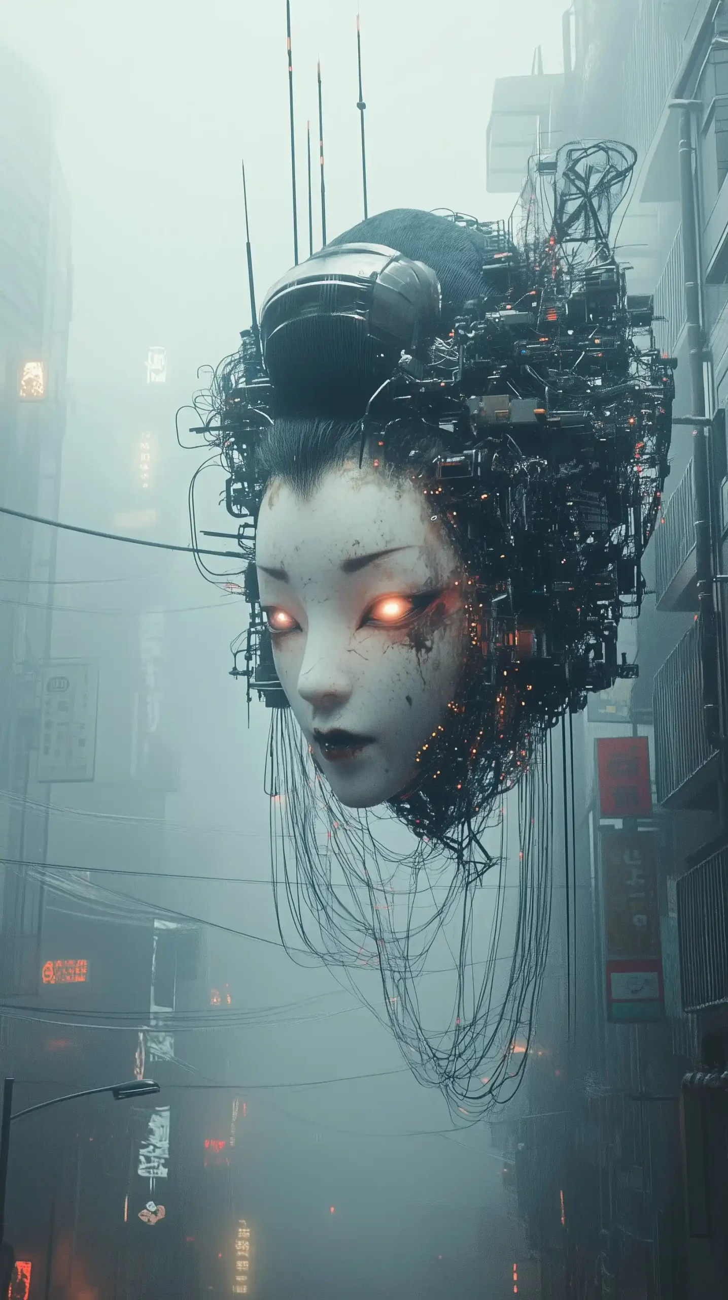 Cybernetic Geisha in Fog Midjourney提示词