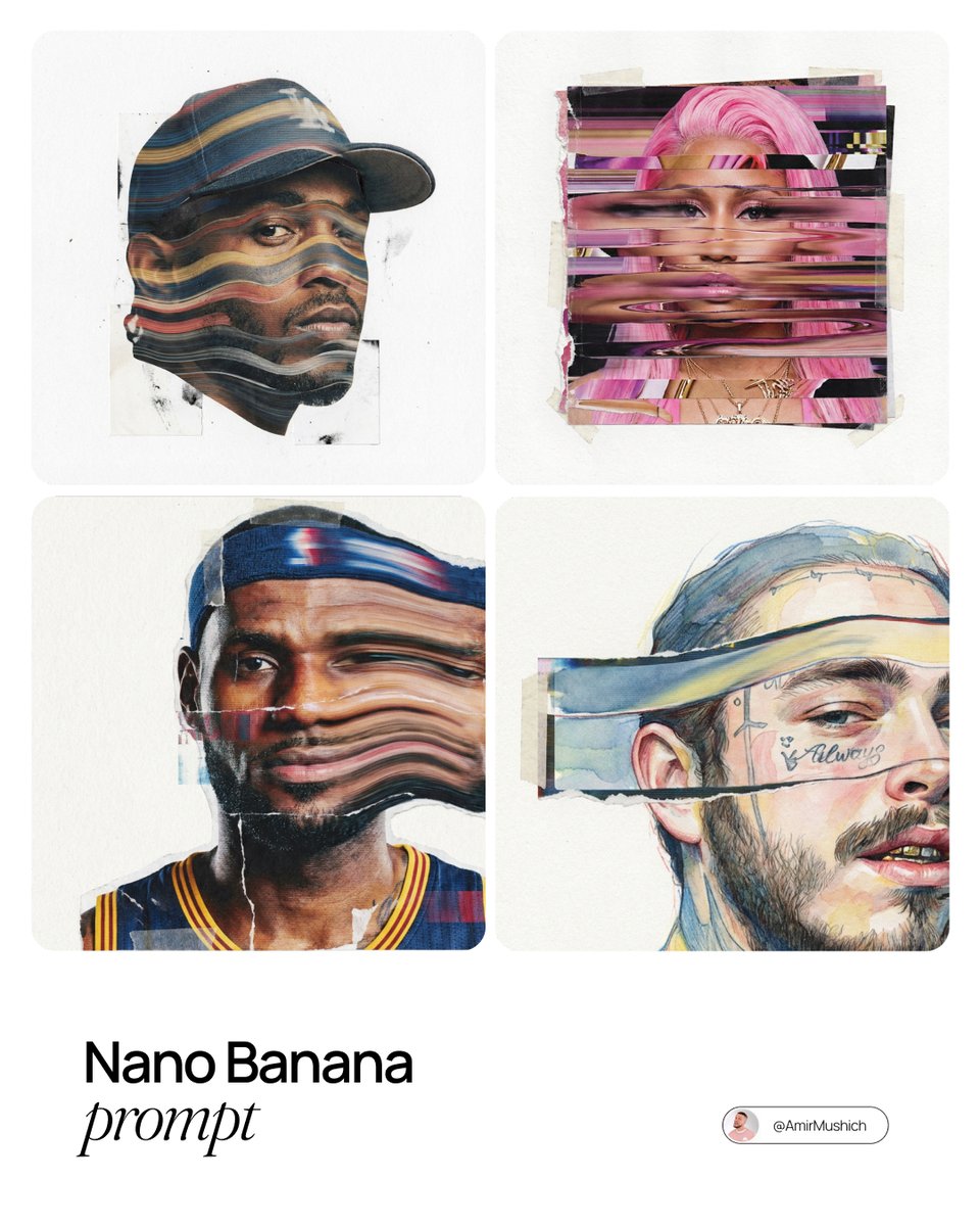 Glitch Art Celebrity Portraits - Digital Pixel Sorting Art Nano Banana提示词