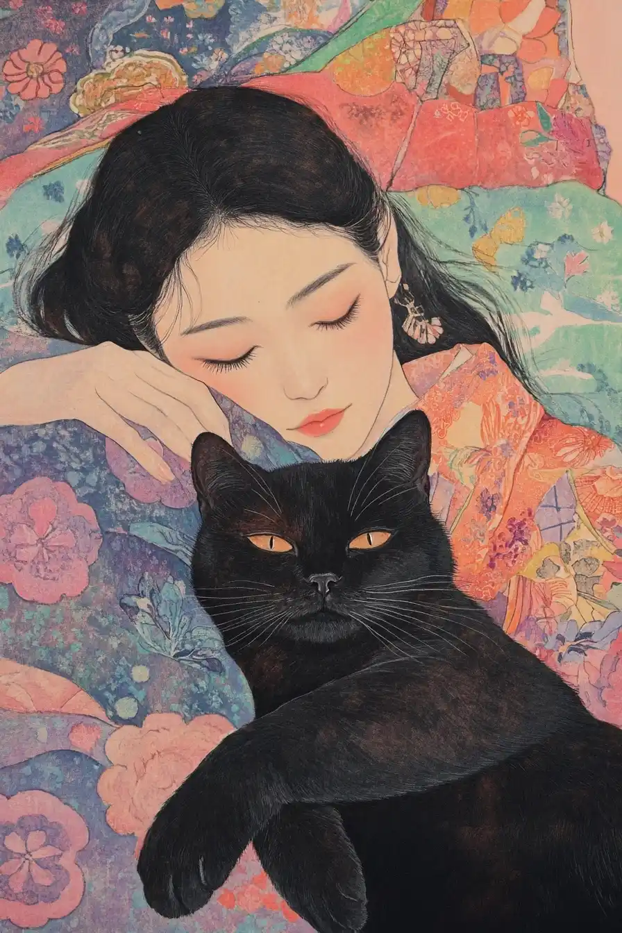 Japanese Woodblock Cat and Woman Midjourney提示词