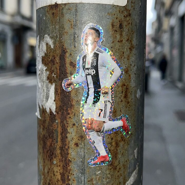 Holographic Cristiano Ronaldo Sticker on Urban Pole Nano Banana提示词