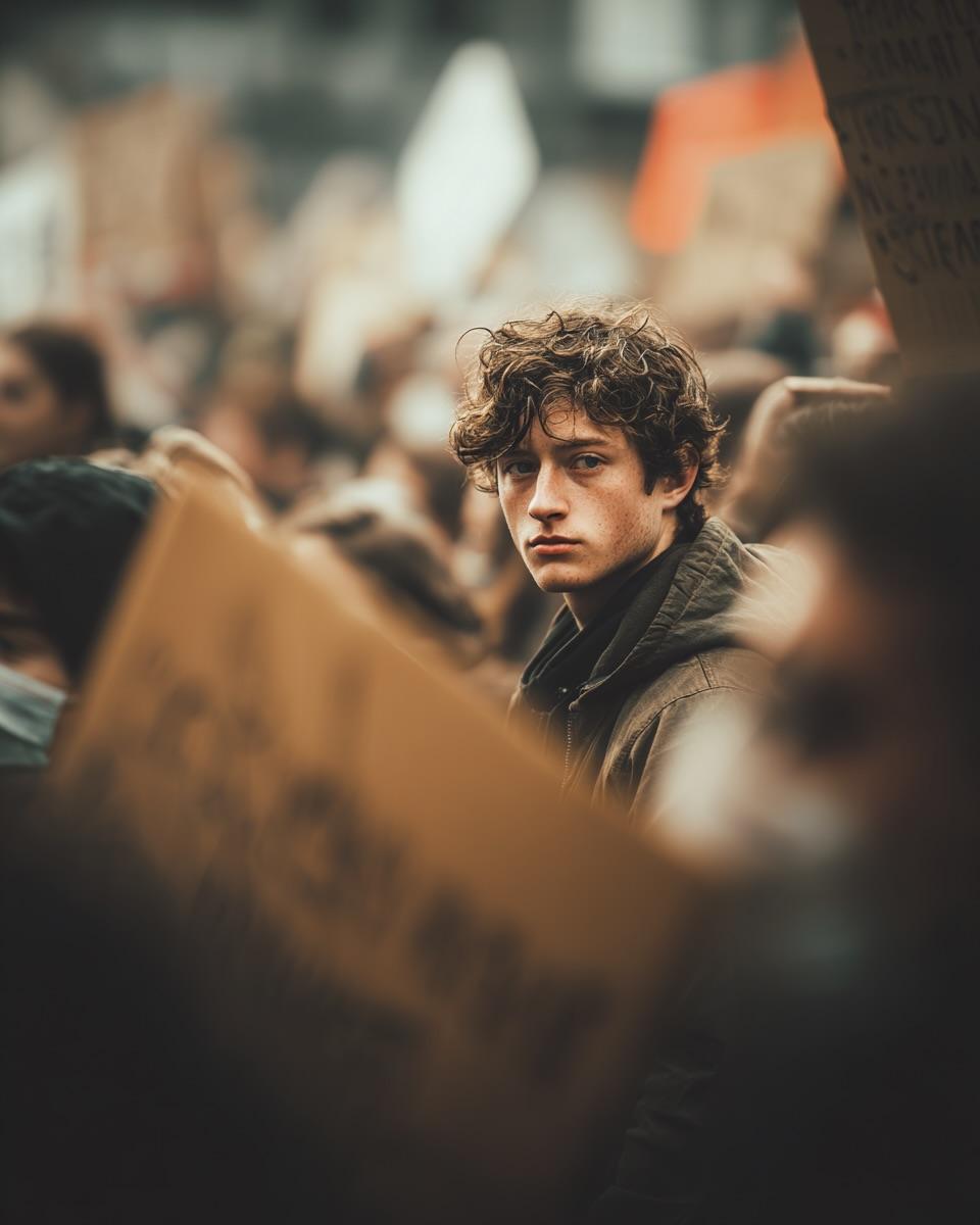 Young Man Portrait at Protest - Photorealistic & Cinematic Nano Banana提示词