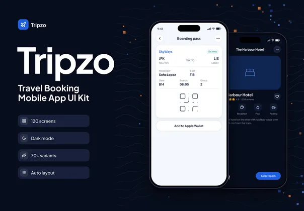 旅行预订App UI套件（Figma），Tripzo – Travel Booking Mobile UI Kit