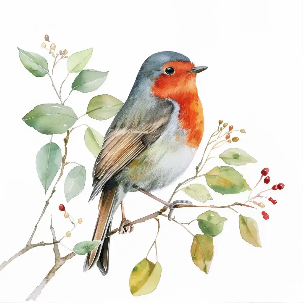 Watercolor Robin on Branch Midjourney提示词