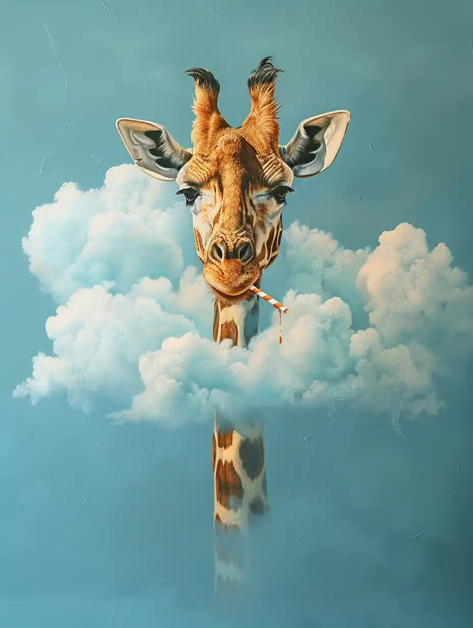 Cloud-Sipping Giraffe Head Midjourney提示词