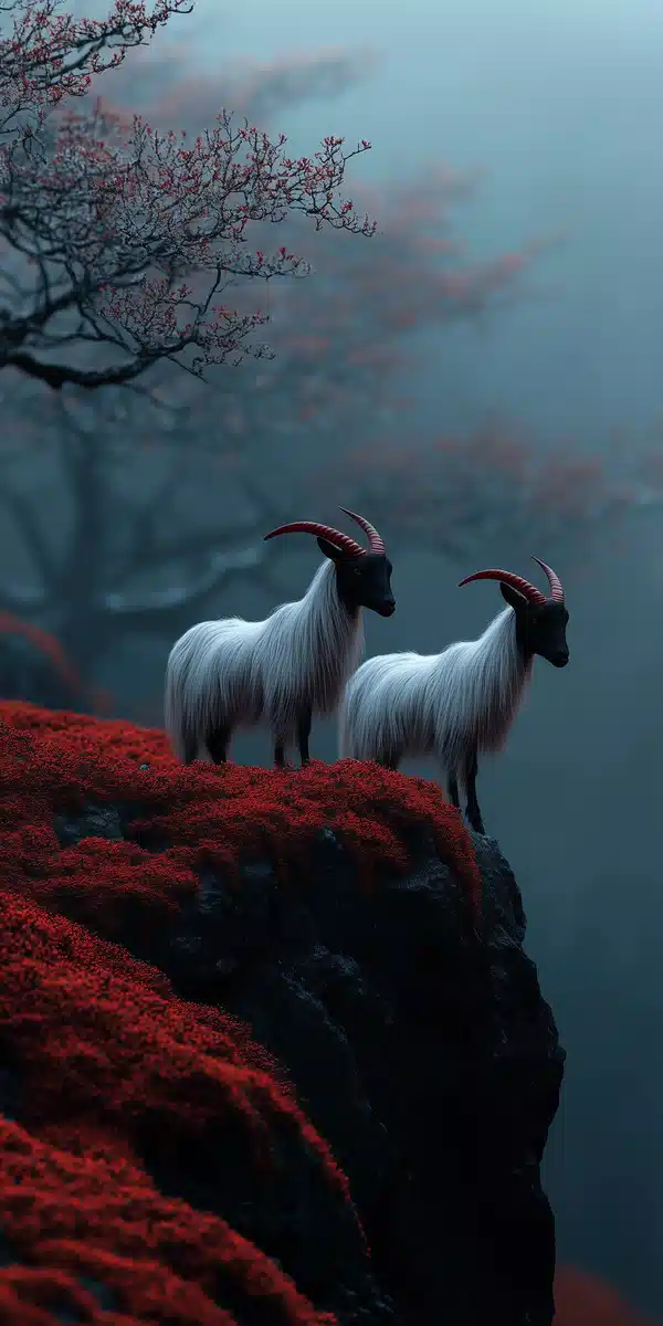 Photorealistic Goats on Cliff Midjourney提示词