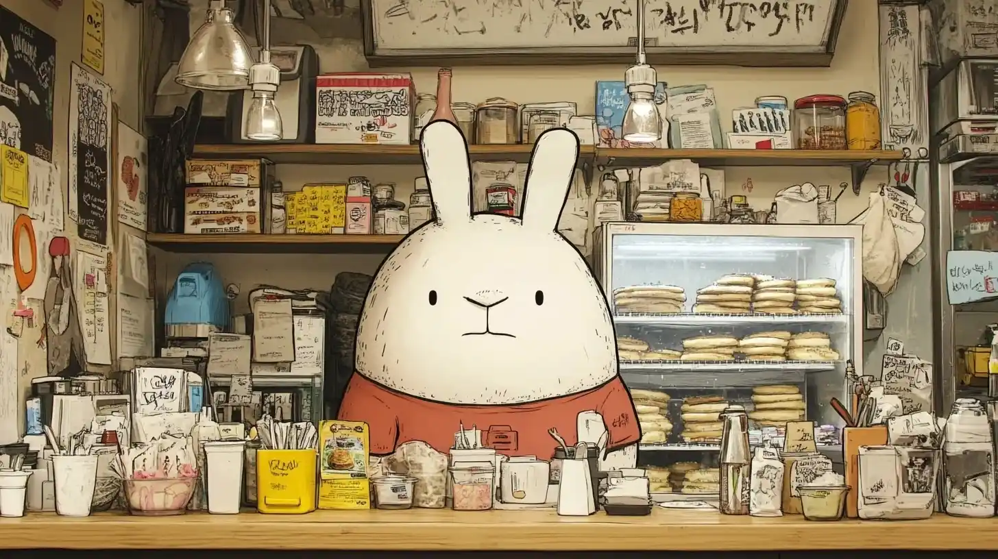 Cheerful Rabbit at Pancake Shop Midjourney提示词