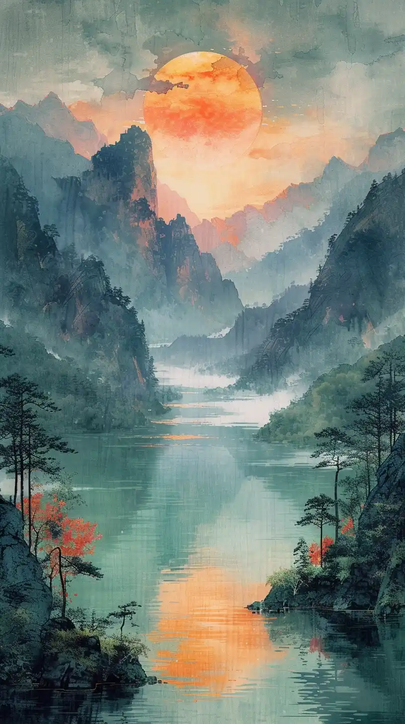 Ink Wash Sunset Mountains Midjourney提示词
