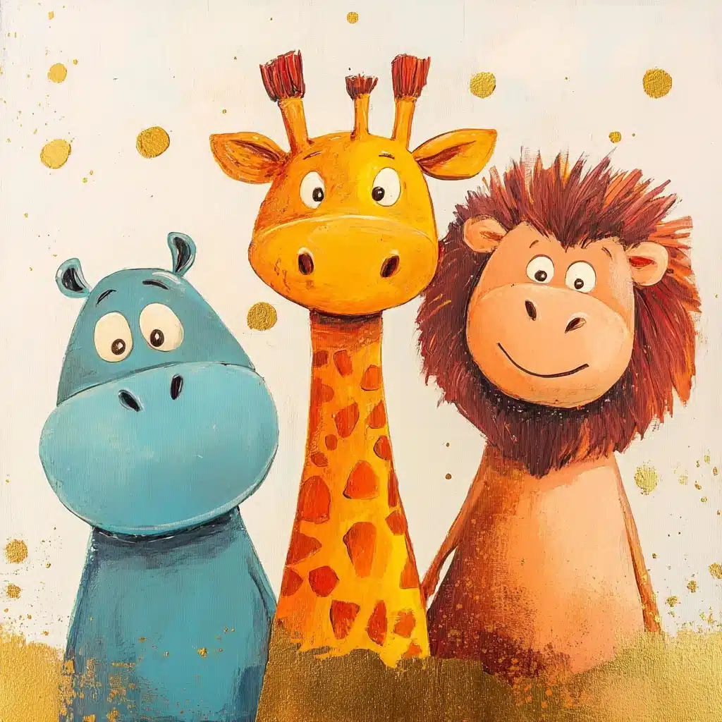 Bright Cartoon Friends Giraffe Hippo Lion Midjourney提示词