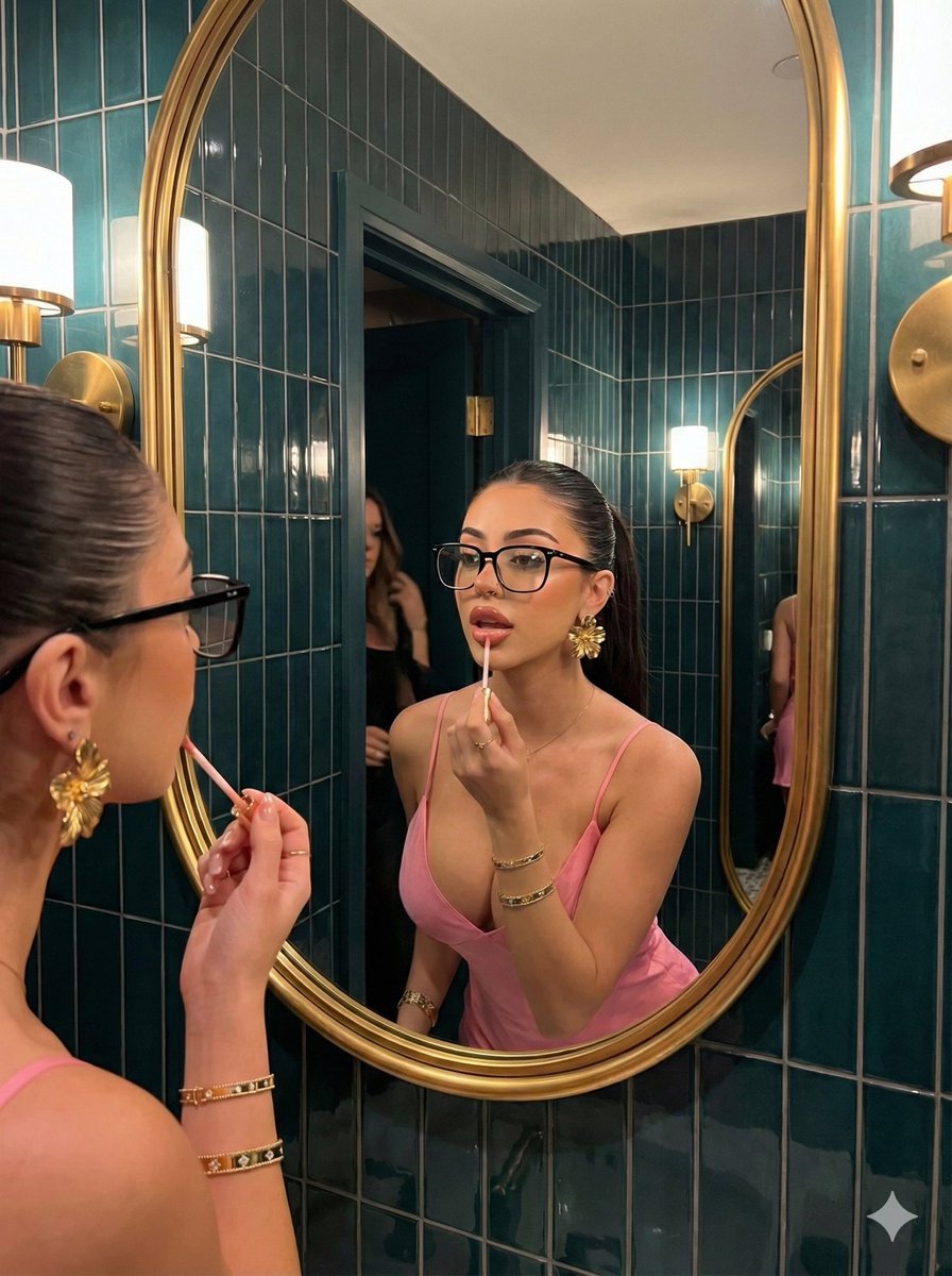 Woman Applying Makeup in Mirror | Stylish Bathroom Portrait Nano Banana提示词