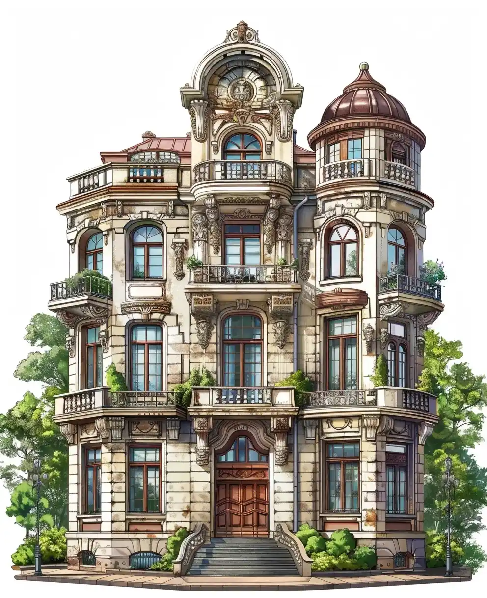 Colored Cartouche Architecture Illustration Midjourney提示词