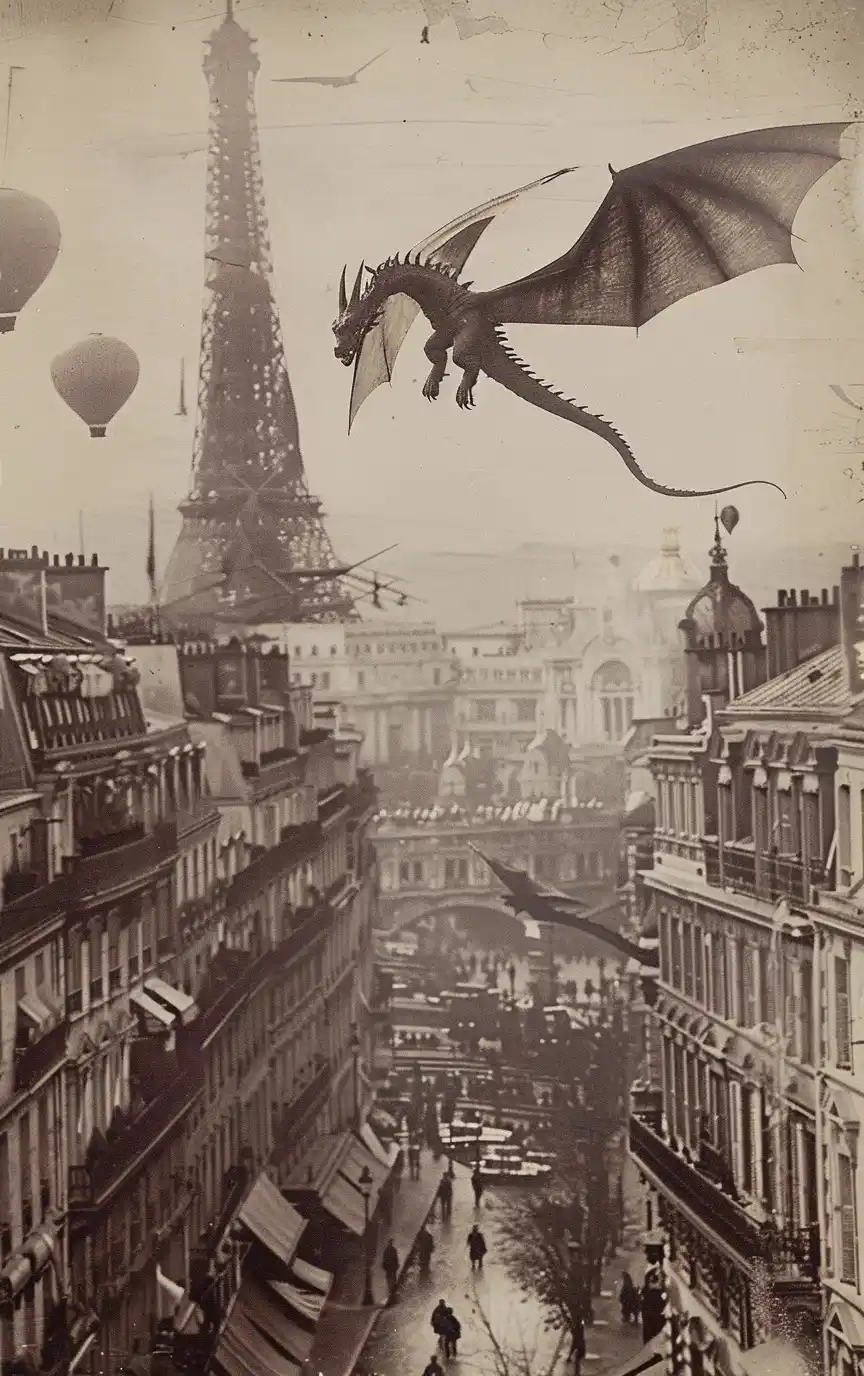 Vintage Dragon Over Paris Midjourney提示词
