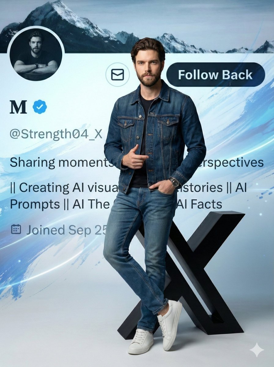 Photorealistic Male Model in Denim on Social Media X Profile Nano Banana提示词