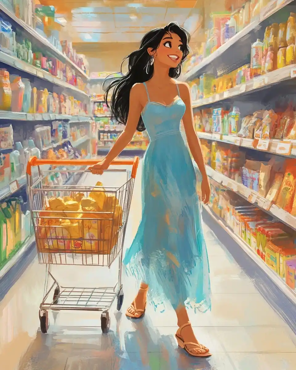 Jasmine Shopping in Watercolor Midjourney提示词