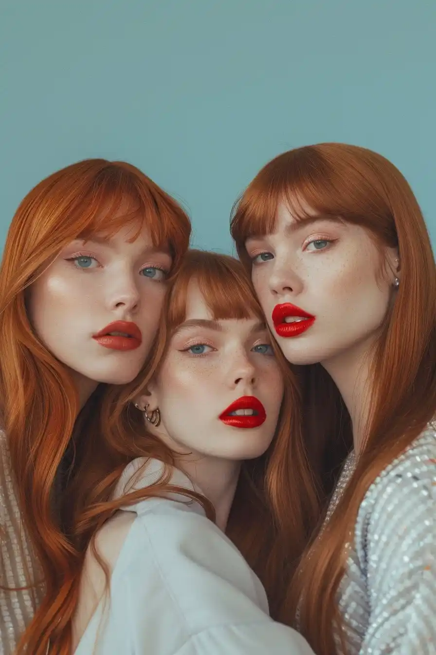 Fashion Red Hair Trio Midjourney提示词