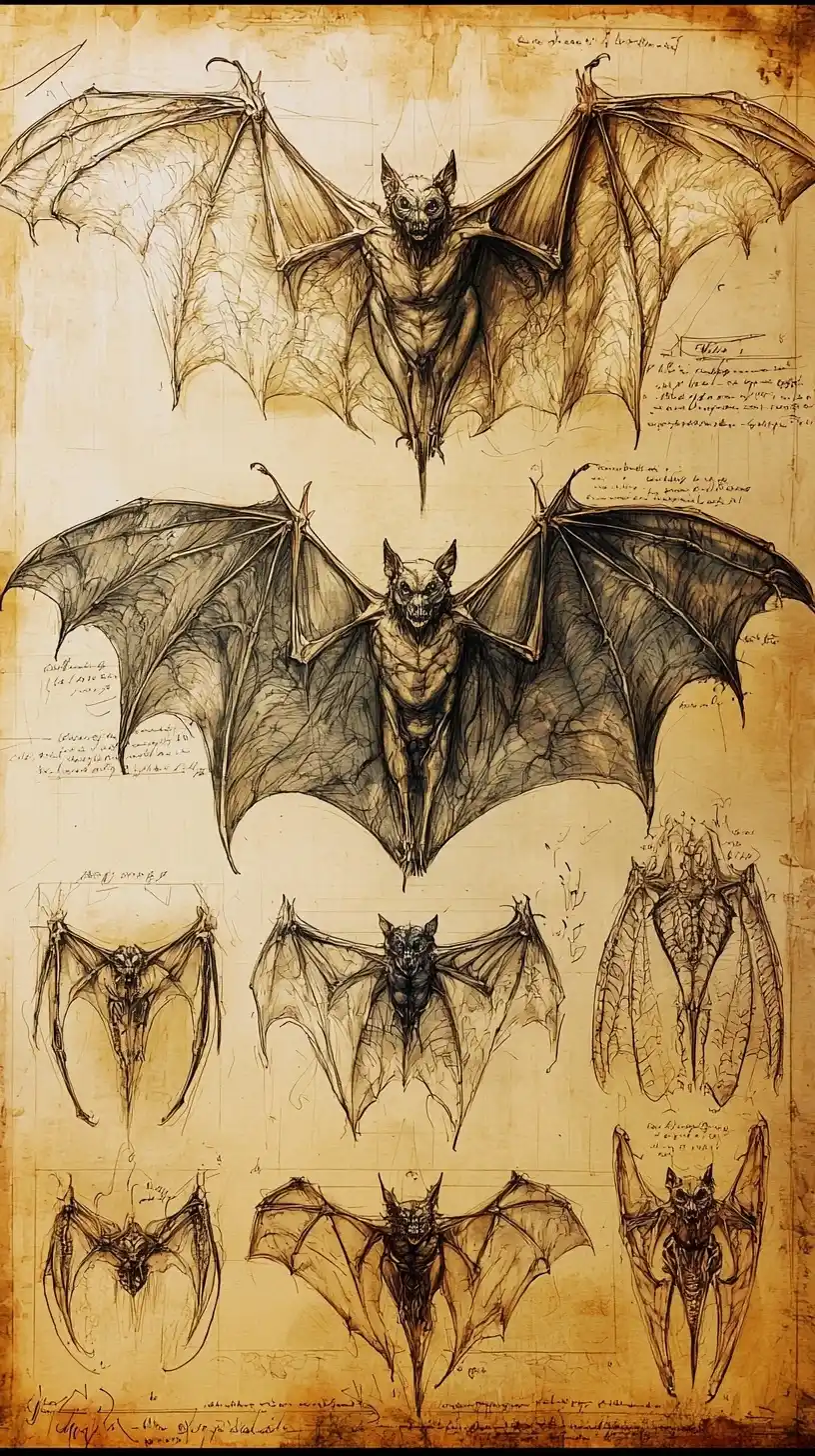 Anatomical Sketches of Bats Midjourney提示词