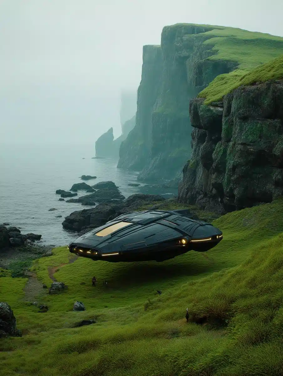 Realistic Spaceship Over Cliff Midjourney提示词