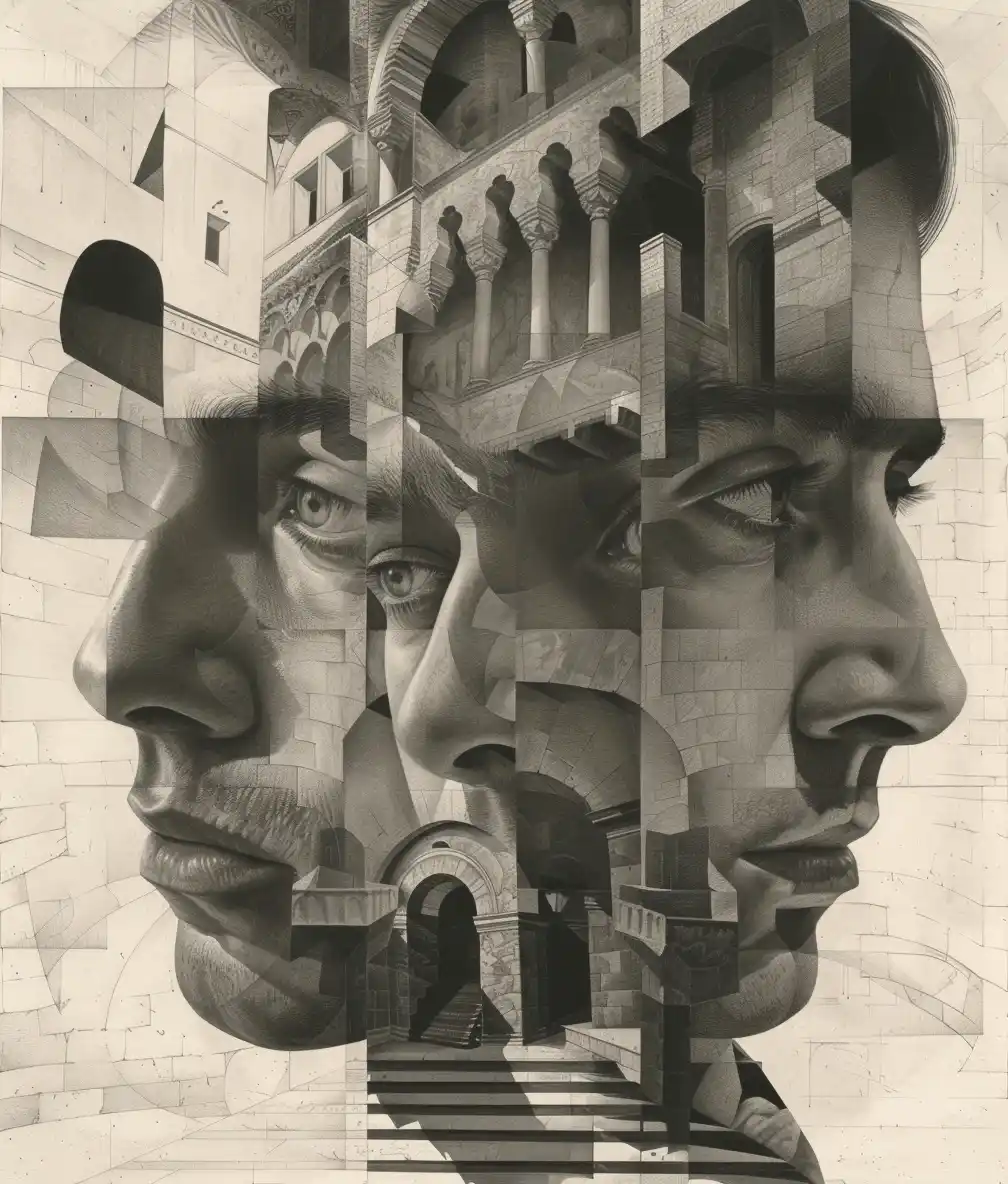 Symmetrical Escher-Inspired Drawing Midjourney提示词