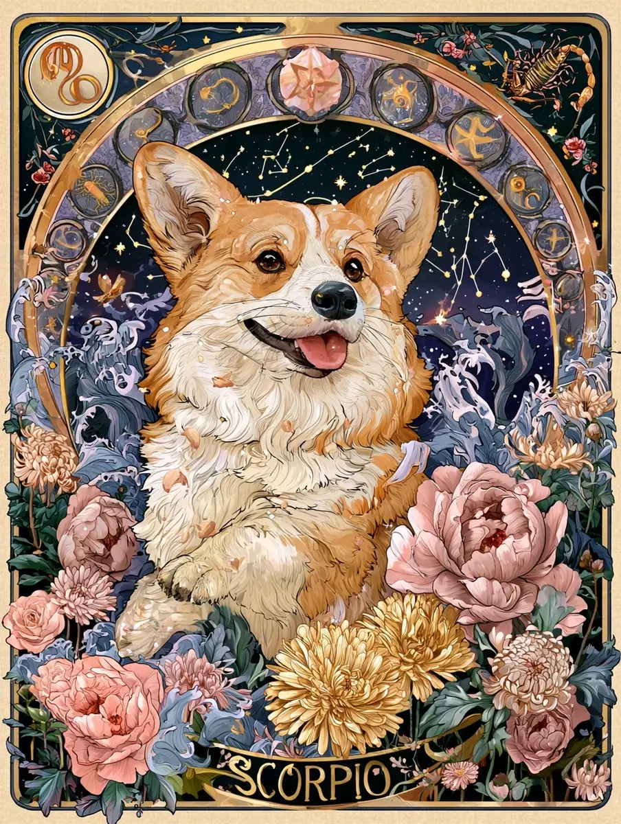 Art Nouveau Scorpio Corgi Midjourney提示词