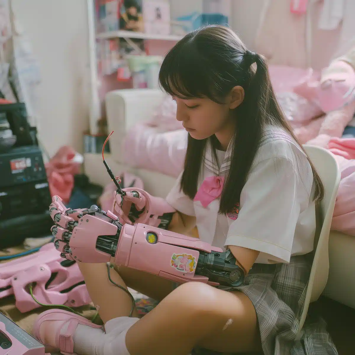 Candid Cyborg Schoolgirl Repair Midjourney提示词