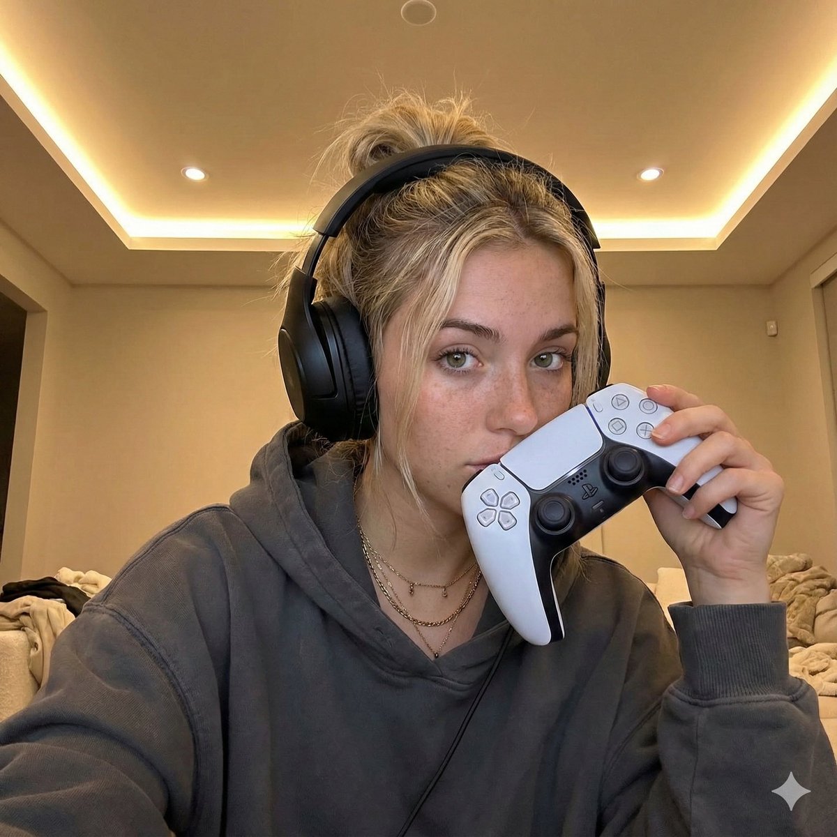 Young Woman Gamer with PS5 Controller and Headphones Portrait Nano Banana提示词