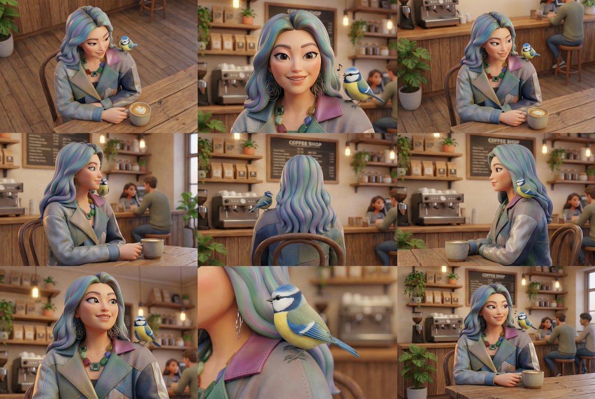 Stylized 3D Woman Portrait with Bird in Coffee Shop Nano Banana提示词