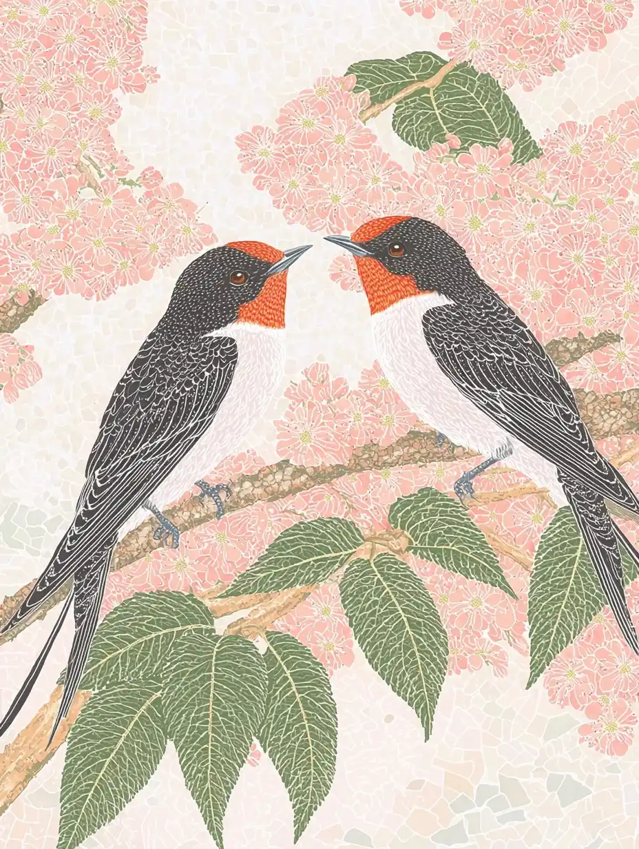 Swallows and Blossoms Illustration Midjourney提示词