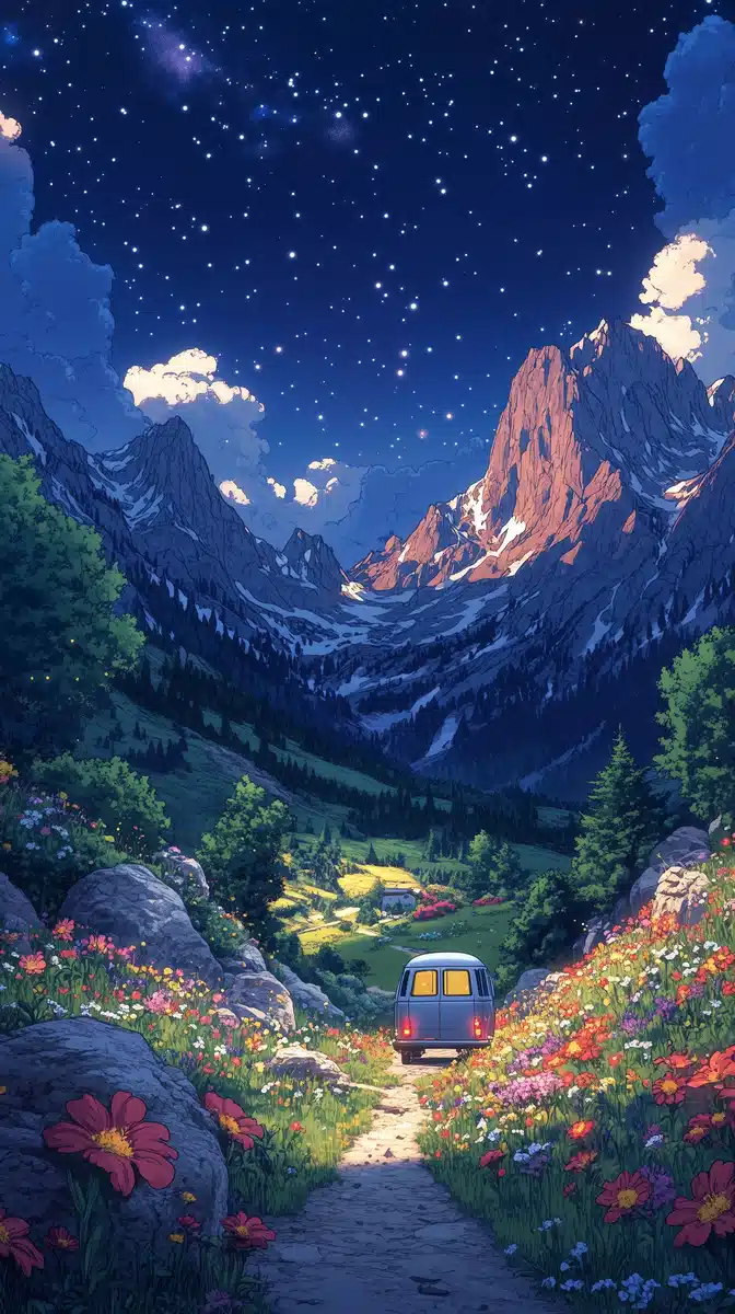 Ghibli-Inspired Night Landscape Midjourney提示词