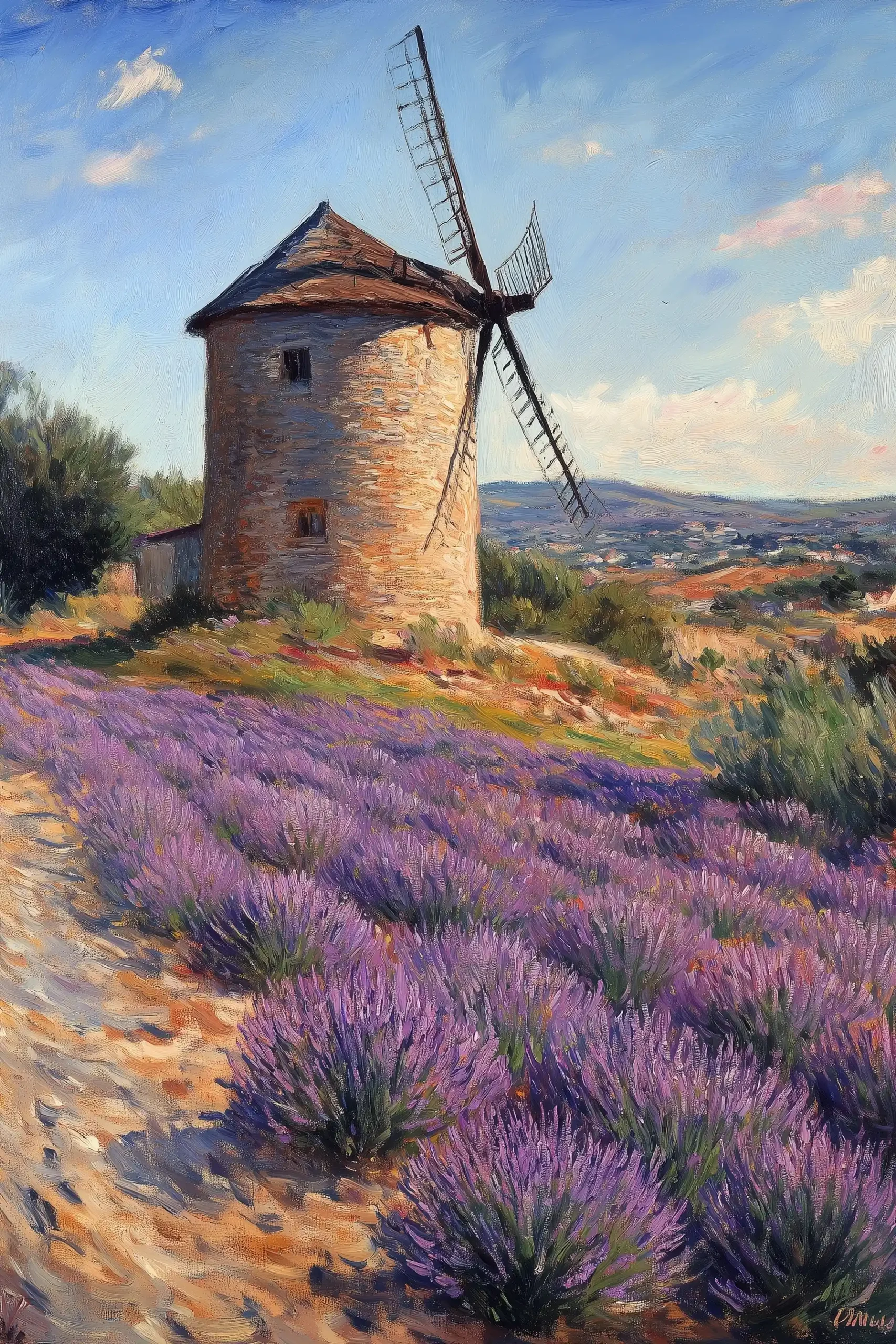 Lavender Field with Windmill Midjourney提示词