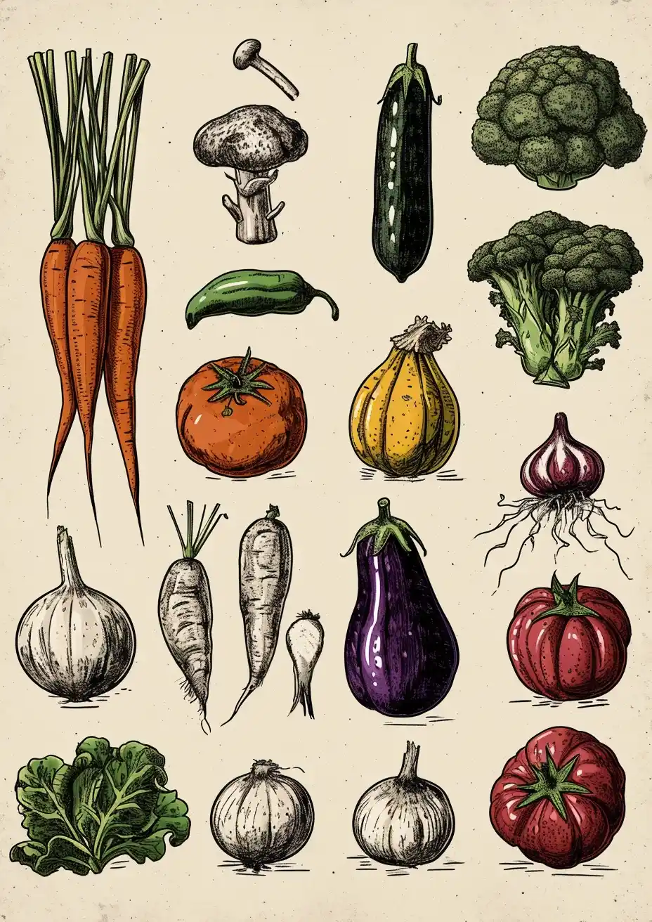 Vintage Vegetable Etchings Midjourney提示词
