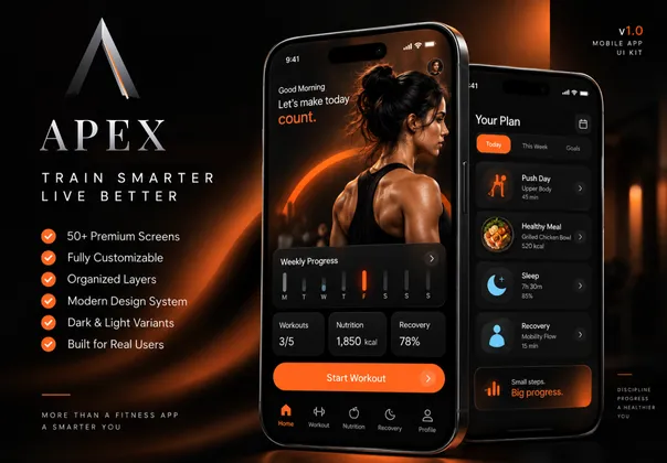 健身营养App UI套件（Figma，APEX Lite），APEX Lite — Fitness & Nutrition App UI Kit