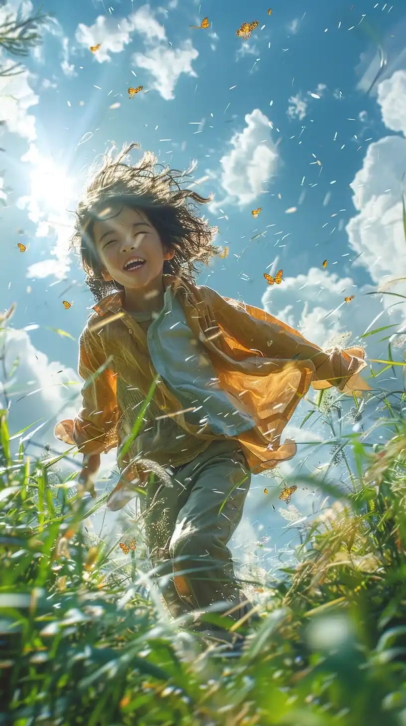 Realistic Child with Butterflies Midjourney提示词