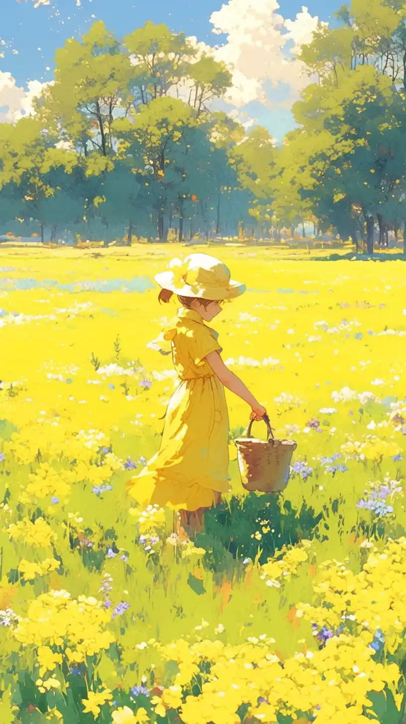 Budding Flowers Girl Picking Midjourney提示词